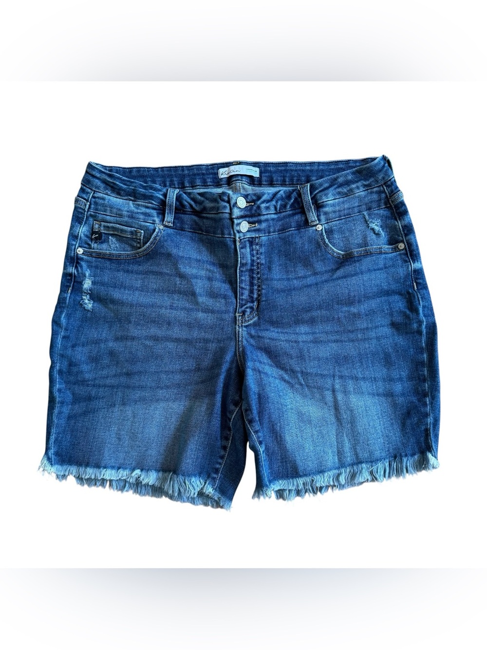 KanCan Maurices Blue Bermuda Denim Jean Shorts 8” Frayed Raw Hem High Rise 18 - Picture 2 of 8